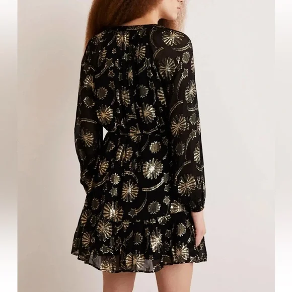 NEW Boden Firework Jacquard Party Black Gold Metallic Sheer Tiered Dress Size 14 - Picture 4 of 13